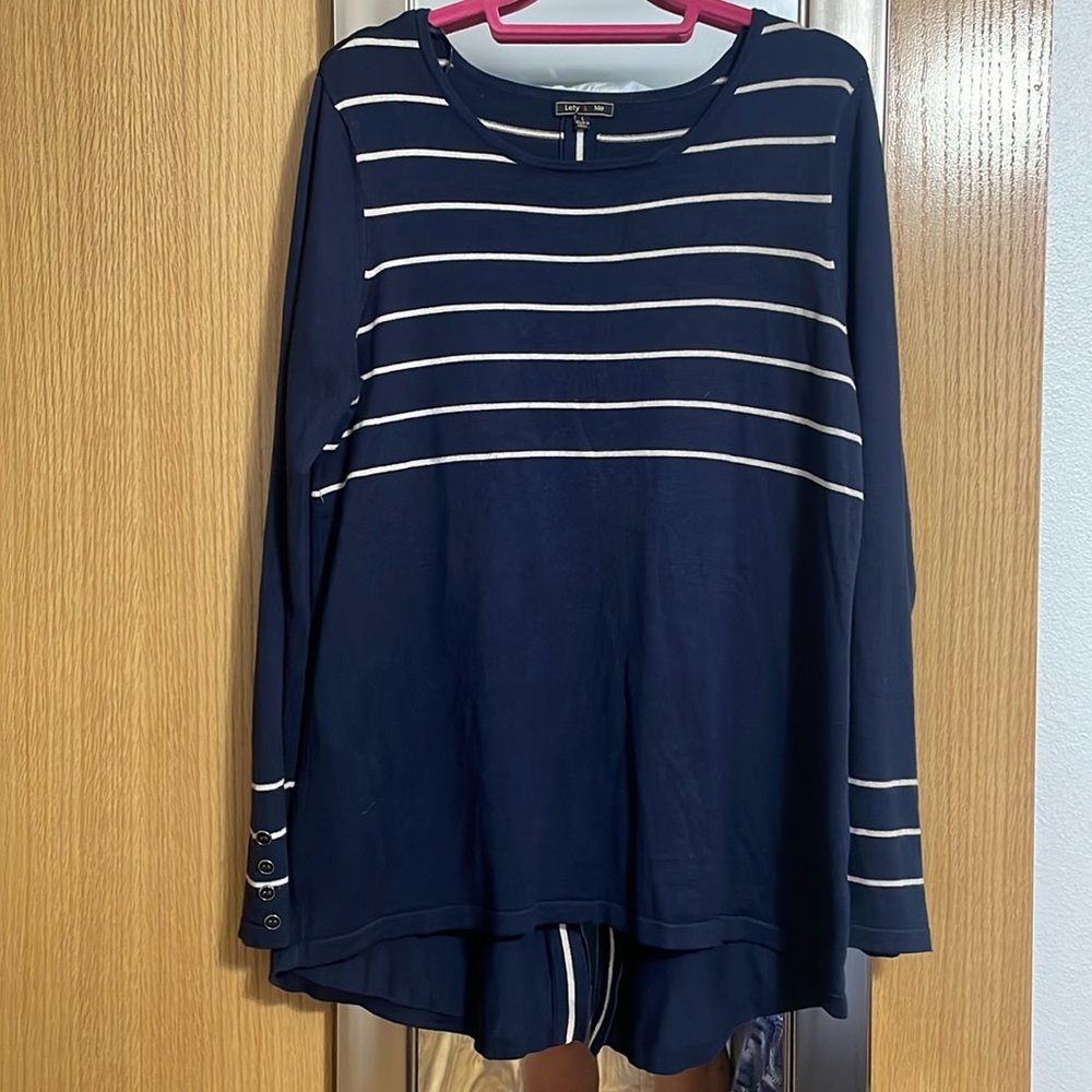 Lety & Me blue and white stripe and solid long sleeve sweater with split back
